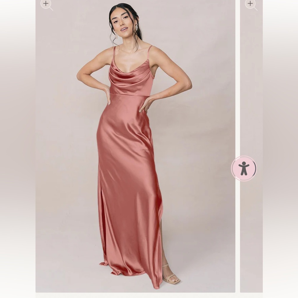 Revelry Skye Satin Dress. Maxi length in color Desert Rose. Size 14.